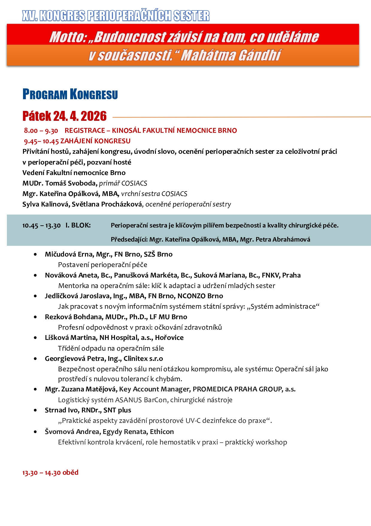 Leták XV. Kongres Perioperačních Sester